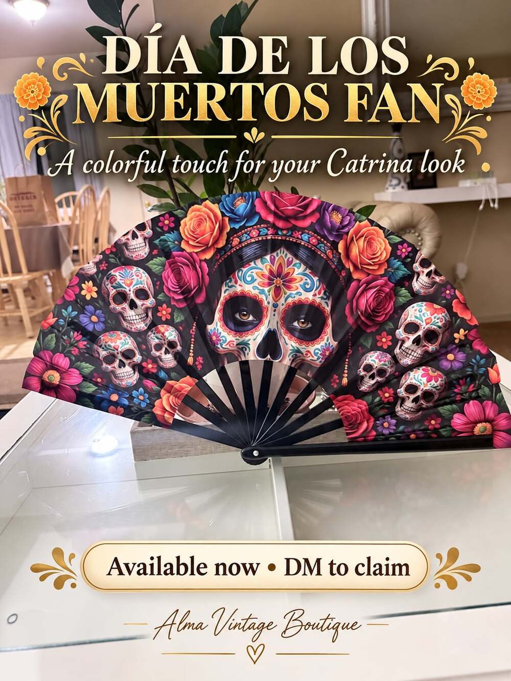 Dia de los Muertos Folding Hand Fan Sugar Skull Floral